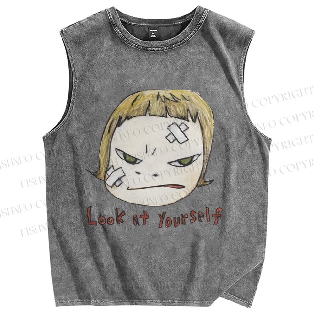 Unisex Yoshitomo Nara Look At Yourself Printed Washed Tank Top