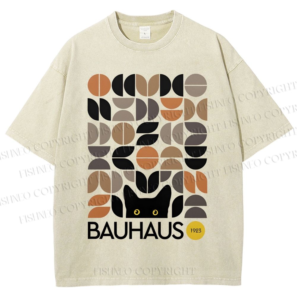 Unisex Bauhaus Geometric Cat Printed Washed Tee