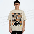 Unisex Bauhaus Geometric Cat Printed Washed Tee