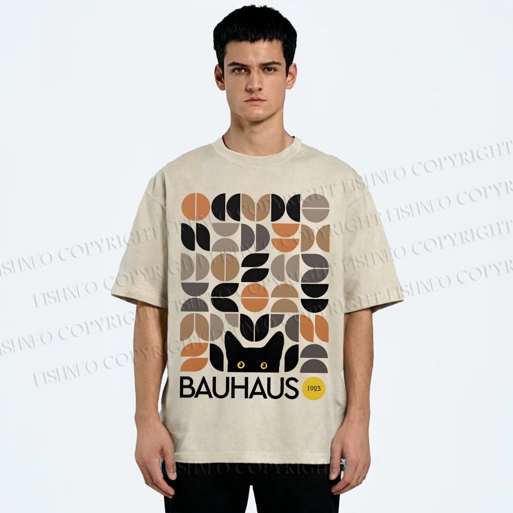 Unisex Bauhaus Geometric Cat Printed Washed Tee