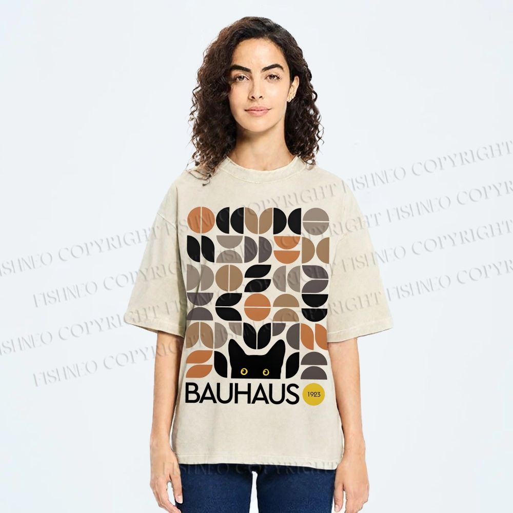 Unisex Bauhaus Geometric Cat Printed Washed Tee