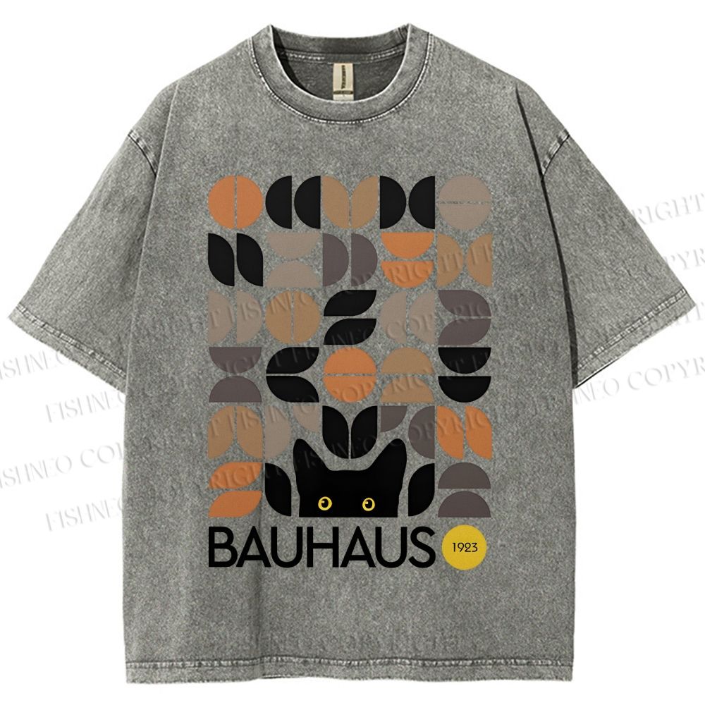 Unisex Bauhaus Geometric Cat Printed Washed Tee