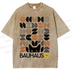 Unisex Bauhaus Geometric Cat Printed Washed Tee