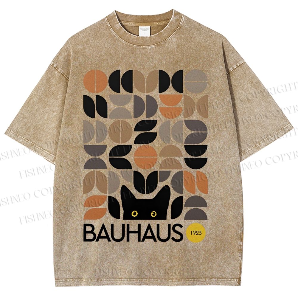 Unisex Bauhaus Geometric Cat Printed Washed Tee