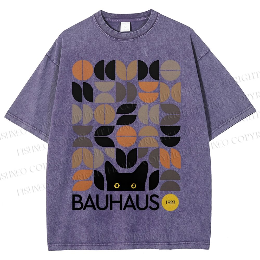 Unisex Bauhaus Geometric Cat Printed Washed Tee