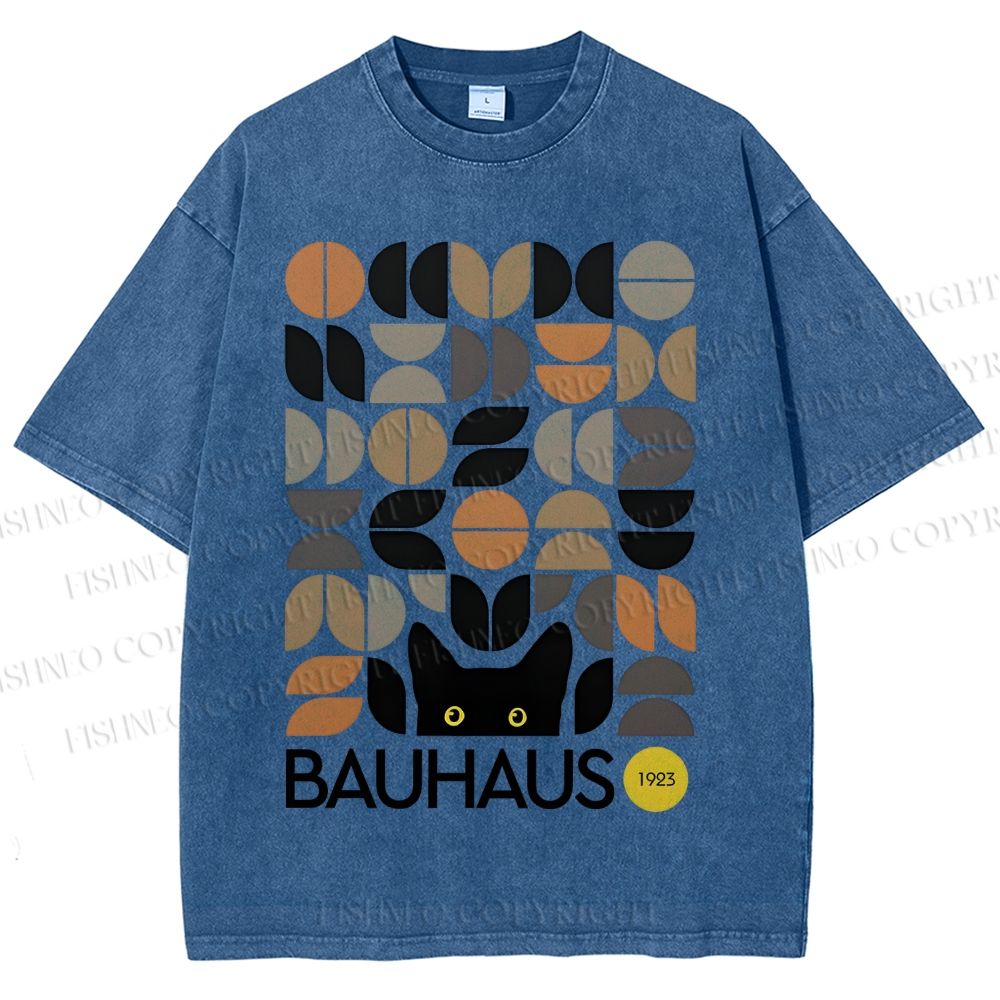 Unisex Bauhaus Geometric Cat Printed Washed Tee