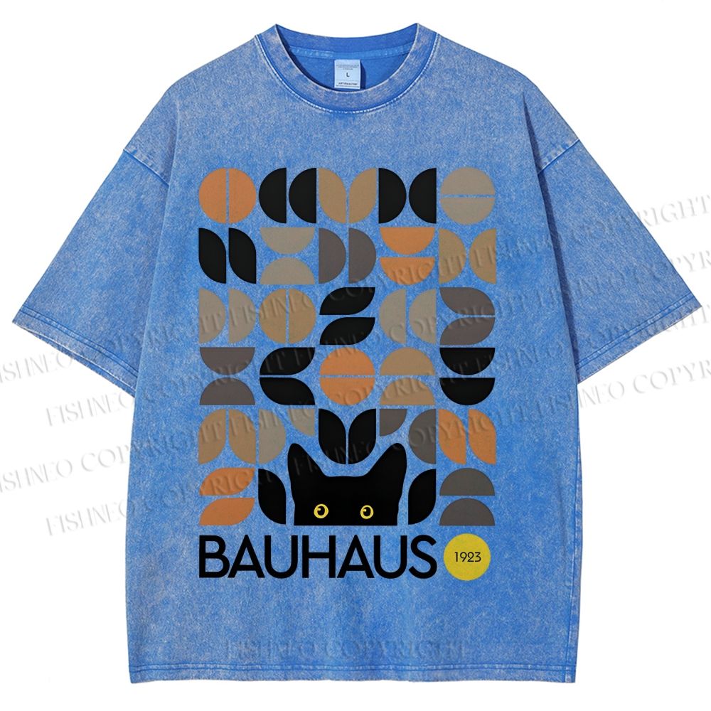 Unisex Bauhaus Geometric Cat Printed Washed Tee