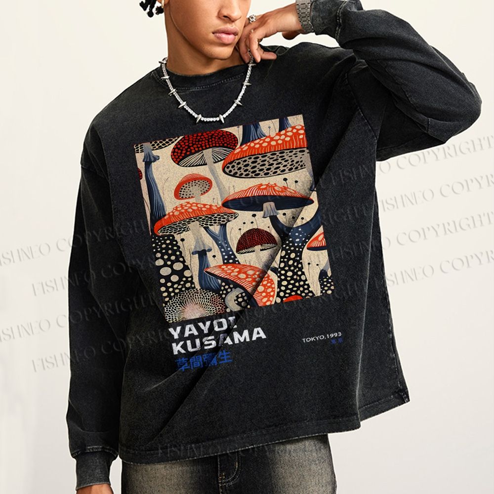Unisex Casual Washed Yayoi Kusama Mushroom Vintage Japanese Printed Long Sleeve T-shirt