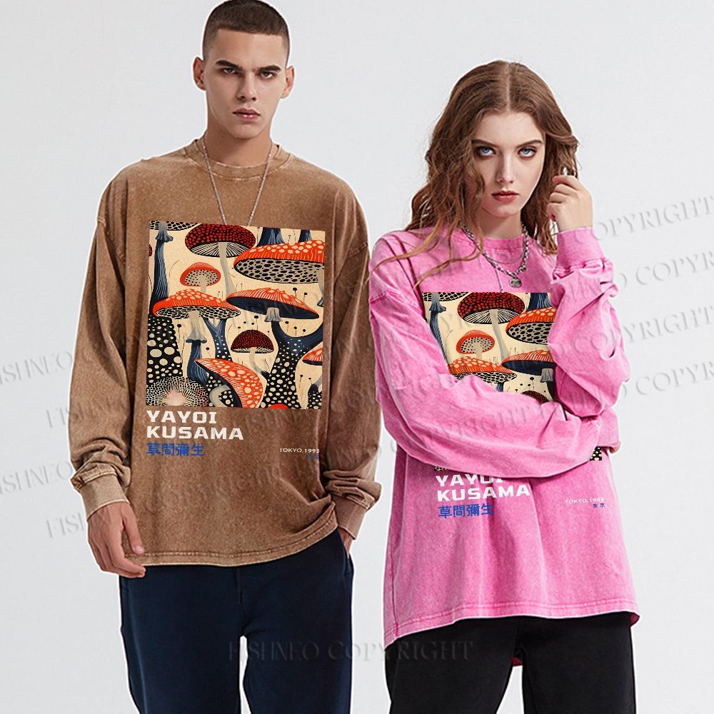 Unisex Casual Washed Yayoi Kusama Mushroom Vintage Japanese Printed Long Sleeve T-shirt