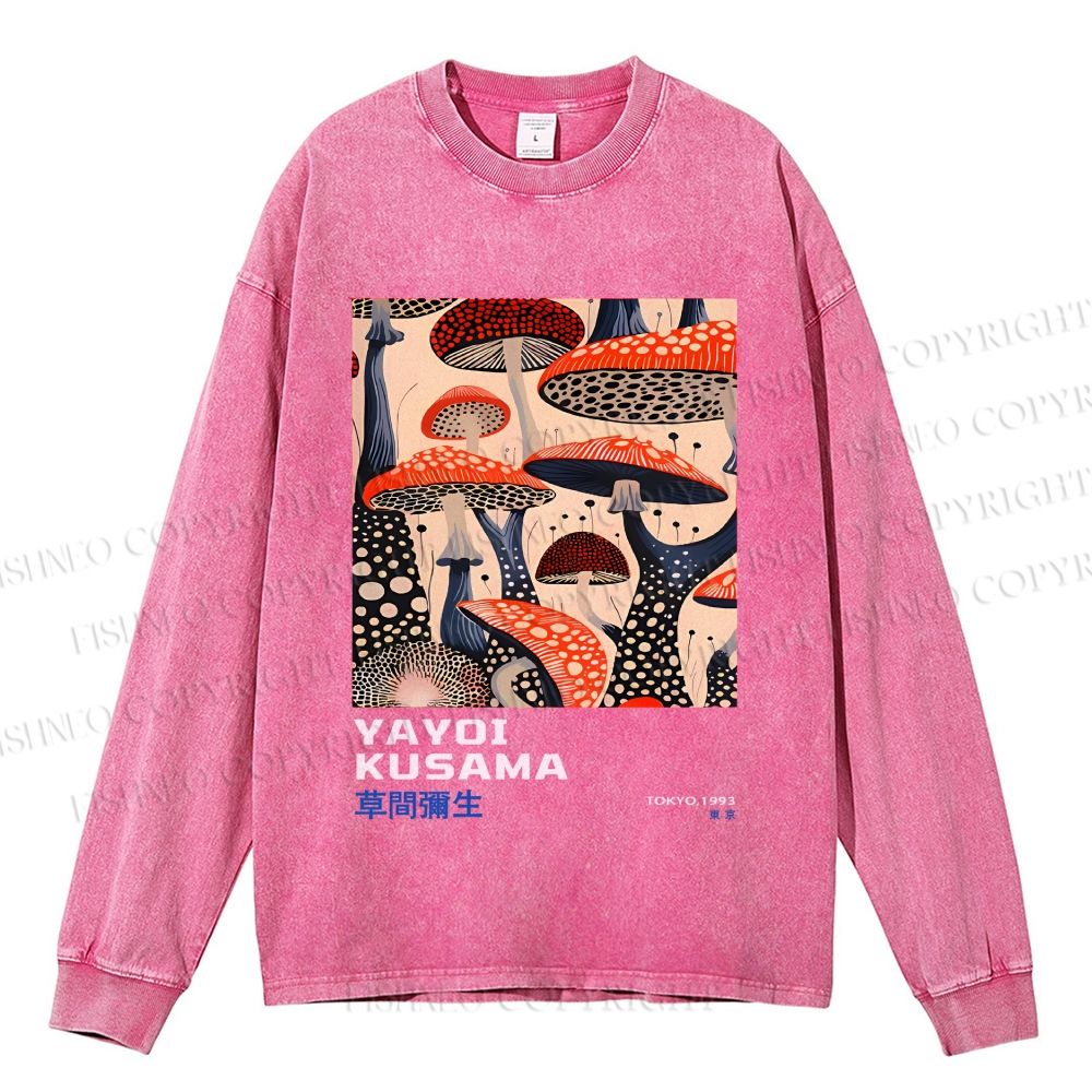 Unisex Casual Washed Yayoi Kusama Mushroom Vintage Japanese Printed Long Sleeve T-shirt