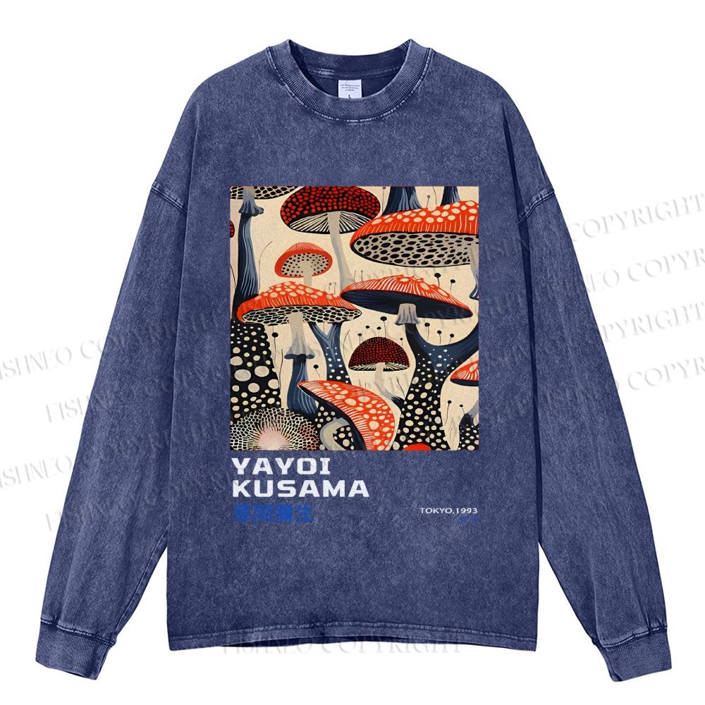 Unisex Casual Washed Yayoi Kusama Mushroom Vintage Japanese Printed Long Sleeve T-shirt