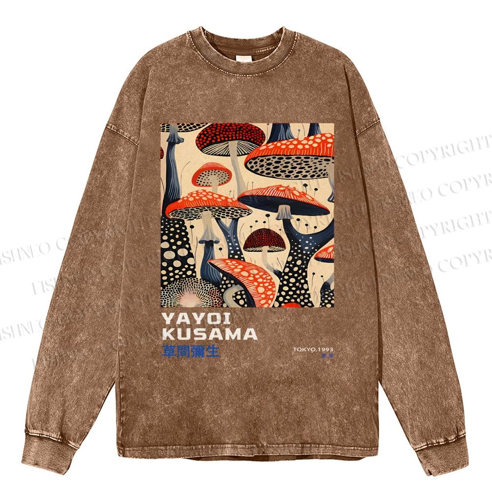 Unisex Casual Washed Yayoi Kusama Mushroom Vintage Japanese Printed Long Sleeve T-shirt