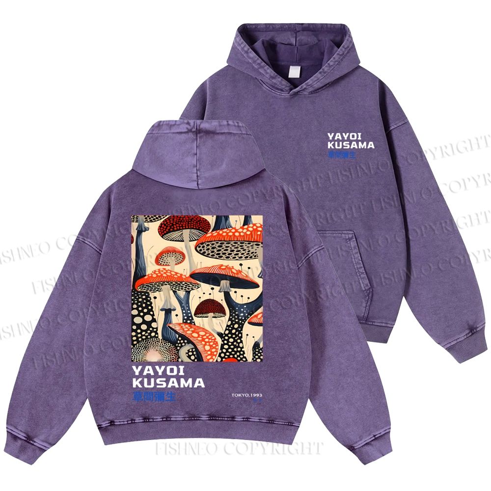 Unisex Casual Yayoi Kusama Mushroom Vintage Japanese Printed Double-sided Washed Hoodie