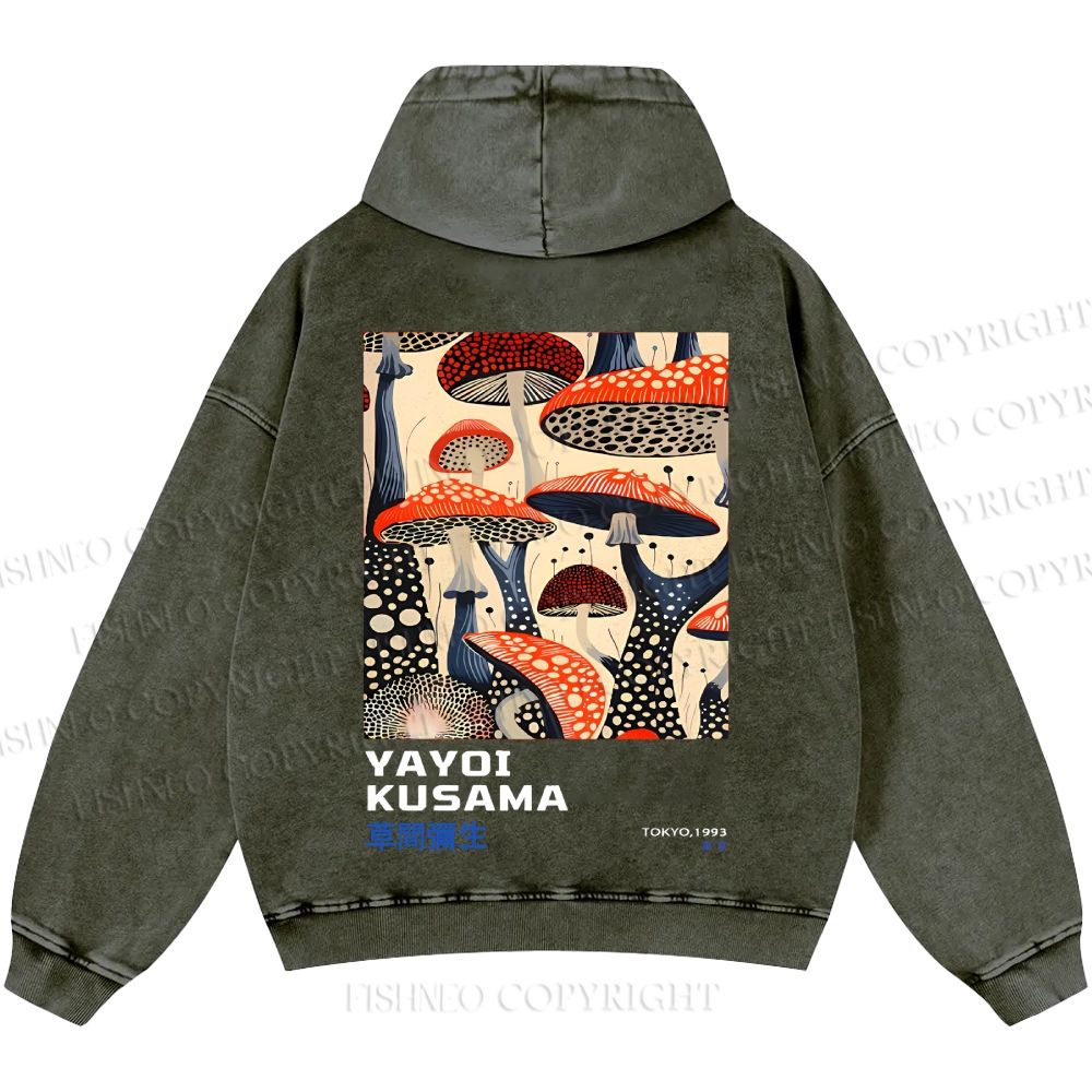 Unisex Casual Yayoi Kusama Mushroom Vintage Japanese Printed Double-sided Washed Hoodie