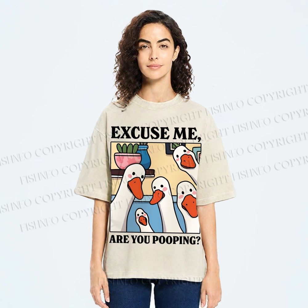 Unisex Excuse Me Are You Pooping Goose Printed Washed Tee