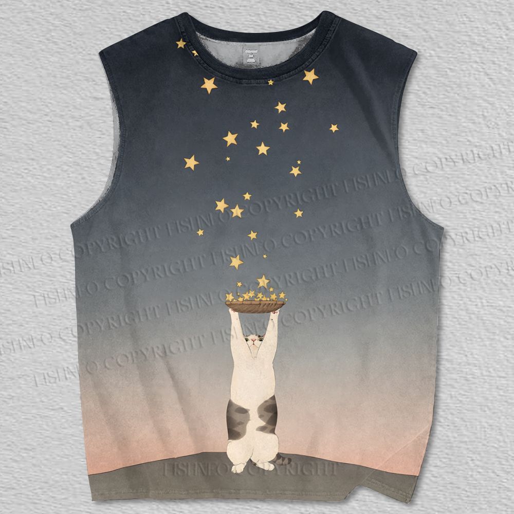 Unisex Vintage Cat Catching Stars Graffiti Printed Tank Top