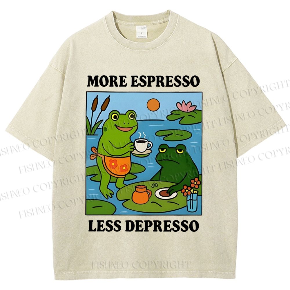 Unisex More Espresso Less Depresso Frog Printed Washed Tee