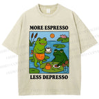 Unisex More Espresso Less Depresso Frog Printed Washed Tee