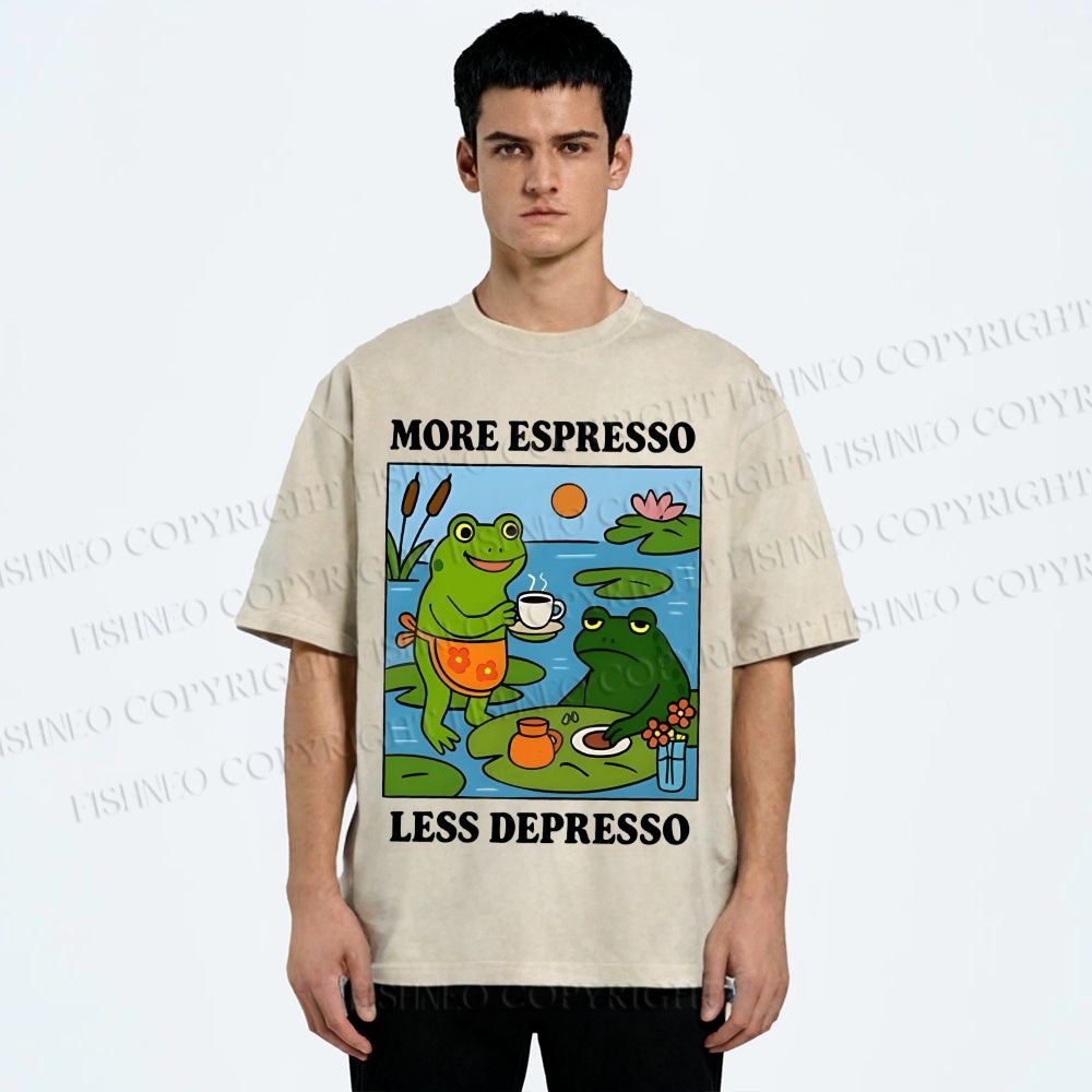 Unisex More Espresso Less Depresso Frog Printed Washed Tee