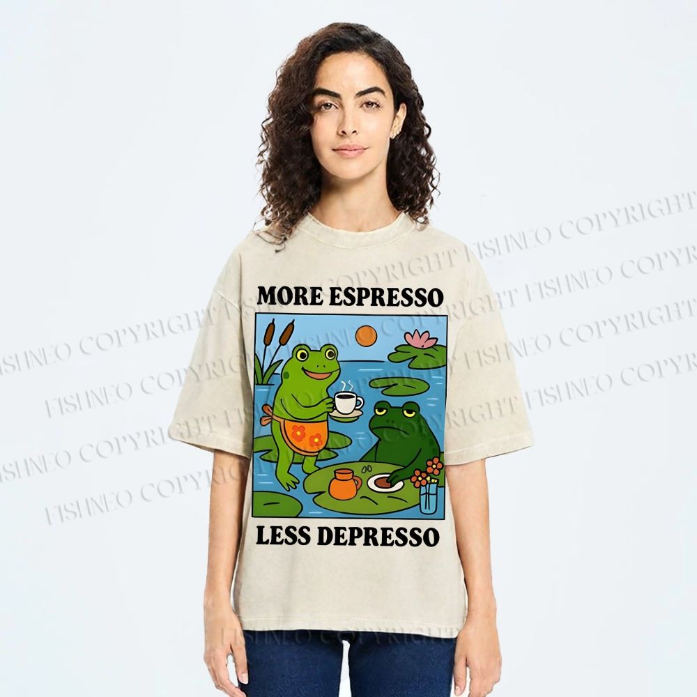 Unisex More Espresso Less Depresso Frog Printed Washed Tee