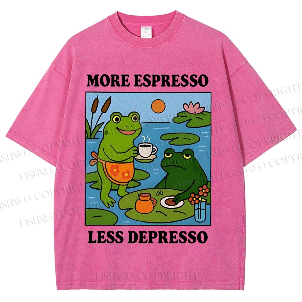 Unisex More Espresso Less Depresso Frog Printed Washed Tee
