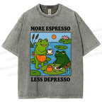 Unisex More Espresso Less Depresso Frog Printed Washed Tee