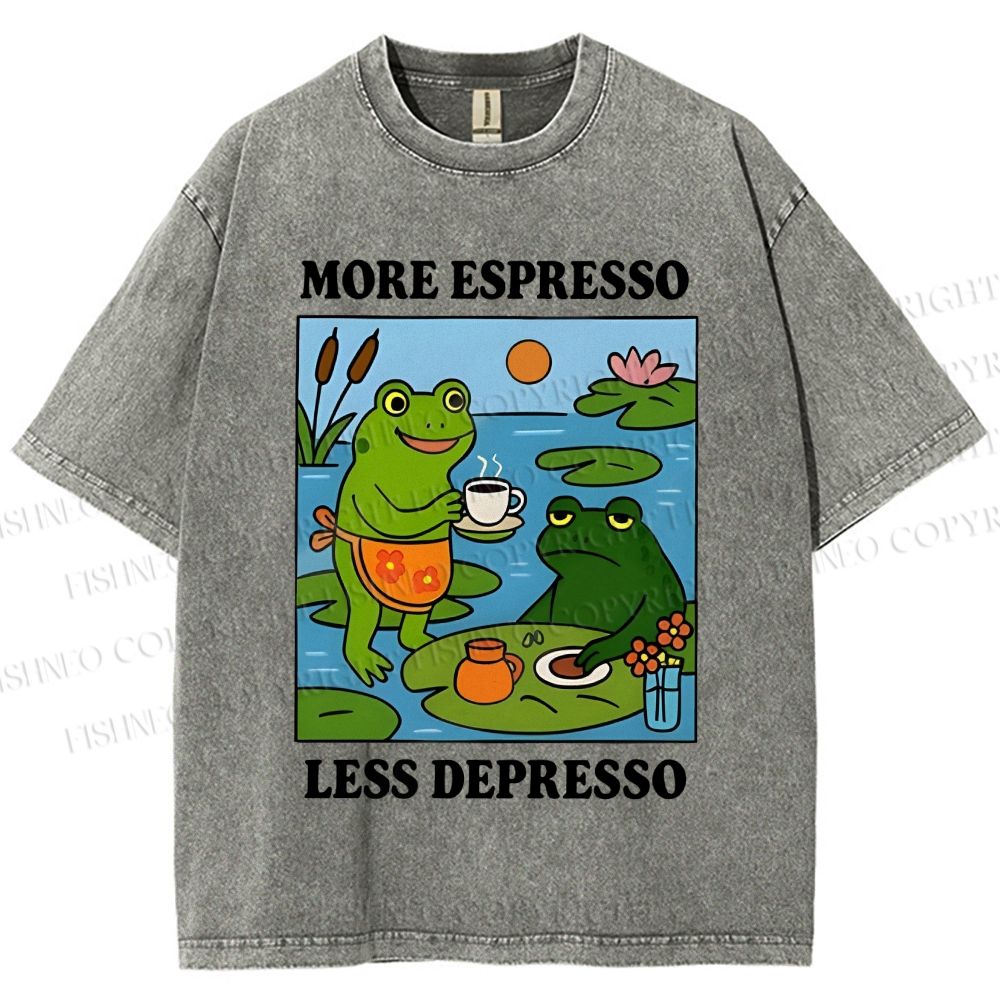 Unisex More Espresso Less Depresso Frog Printed Washed Tee