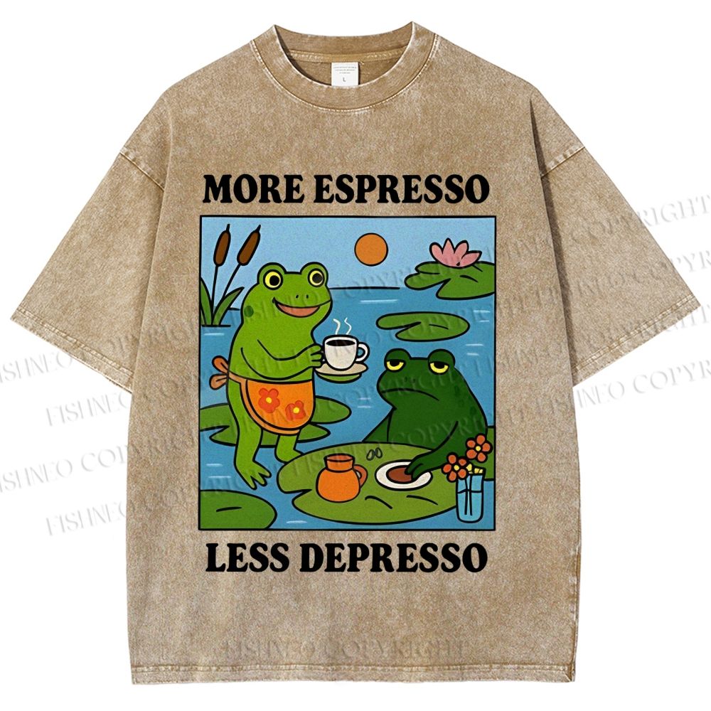 Unisex More Espresso Less Depresso Frog Printed Washed Tee