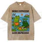 Unisex More Espresso Less Depresso Frog Printed Washed Tee