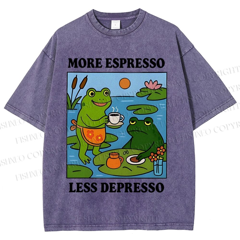Unisex More Espresso Less Depresso Frog Printed Washed Tee