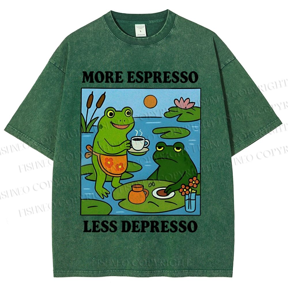 Unisex More Espresso Less Depresso Frog Printed Washed Tee