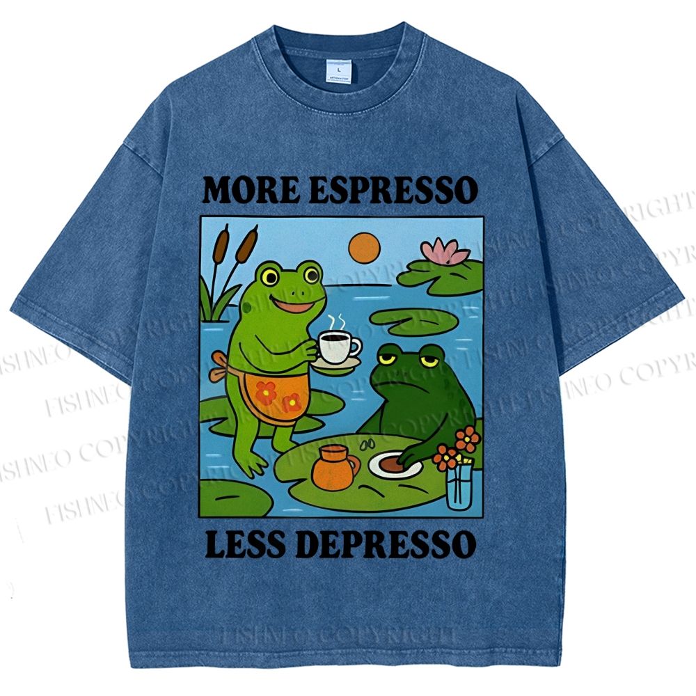 Unisex More Espresso Less Depresso Frog Printed Washed Tee