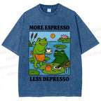 Unisex More Espresso Less Depresso Frog Printed Washed Tee