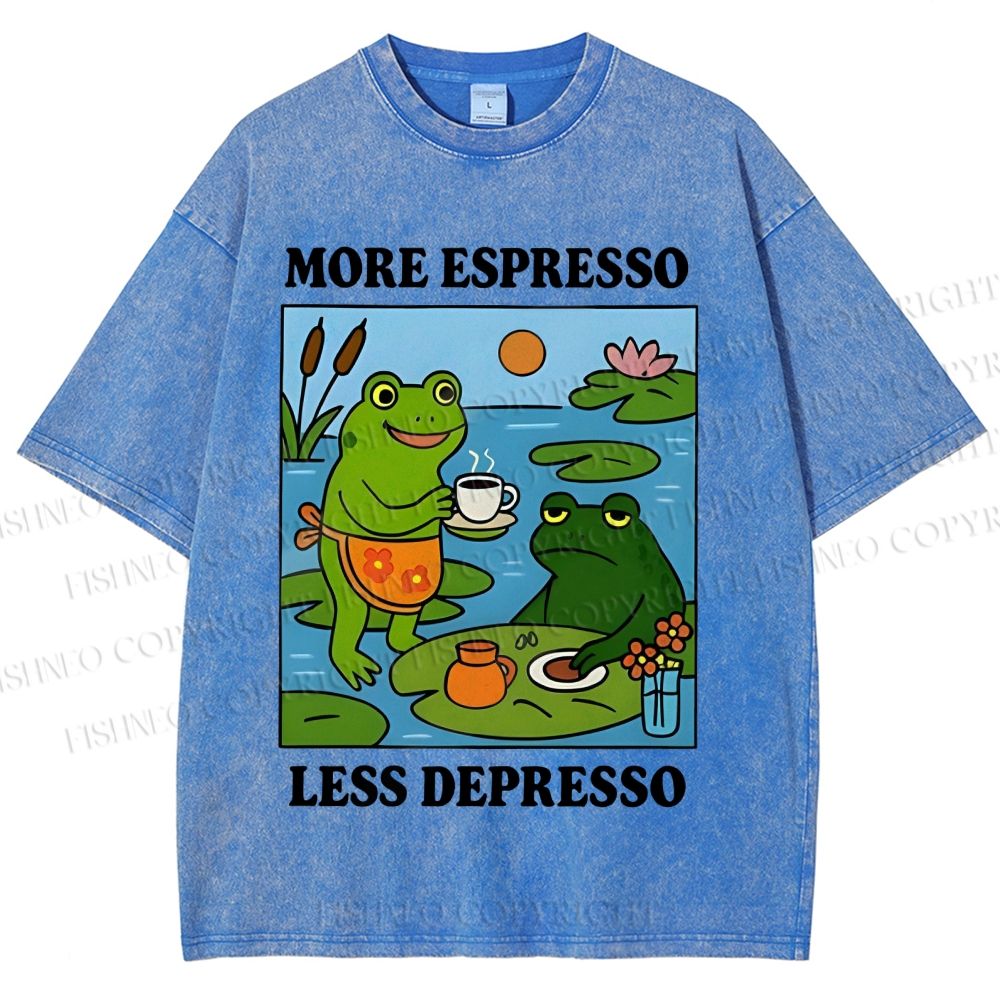 Unisex More Espresso Less Depresso Frog Printed Washed Tee