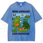 Unisex More Espresso Less Depresso Frog Printed Washed Tee