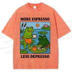 Unisex More Espresso Less Depresso Frog Printed Washed Tee