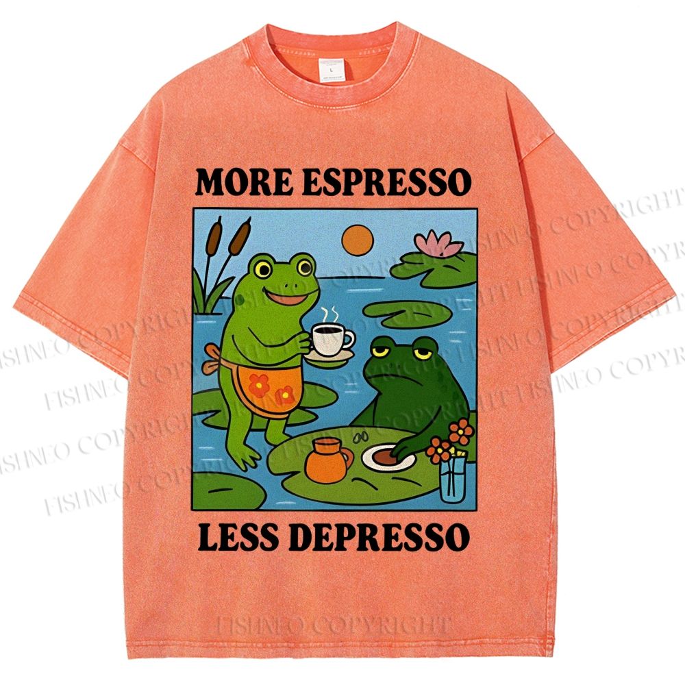 Unisex More Espresso Less Depresso Frog Printed Washed Tee