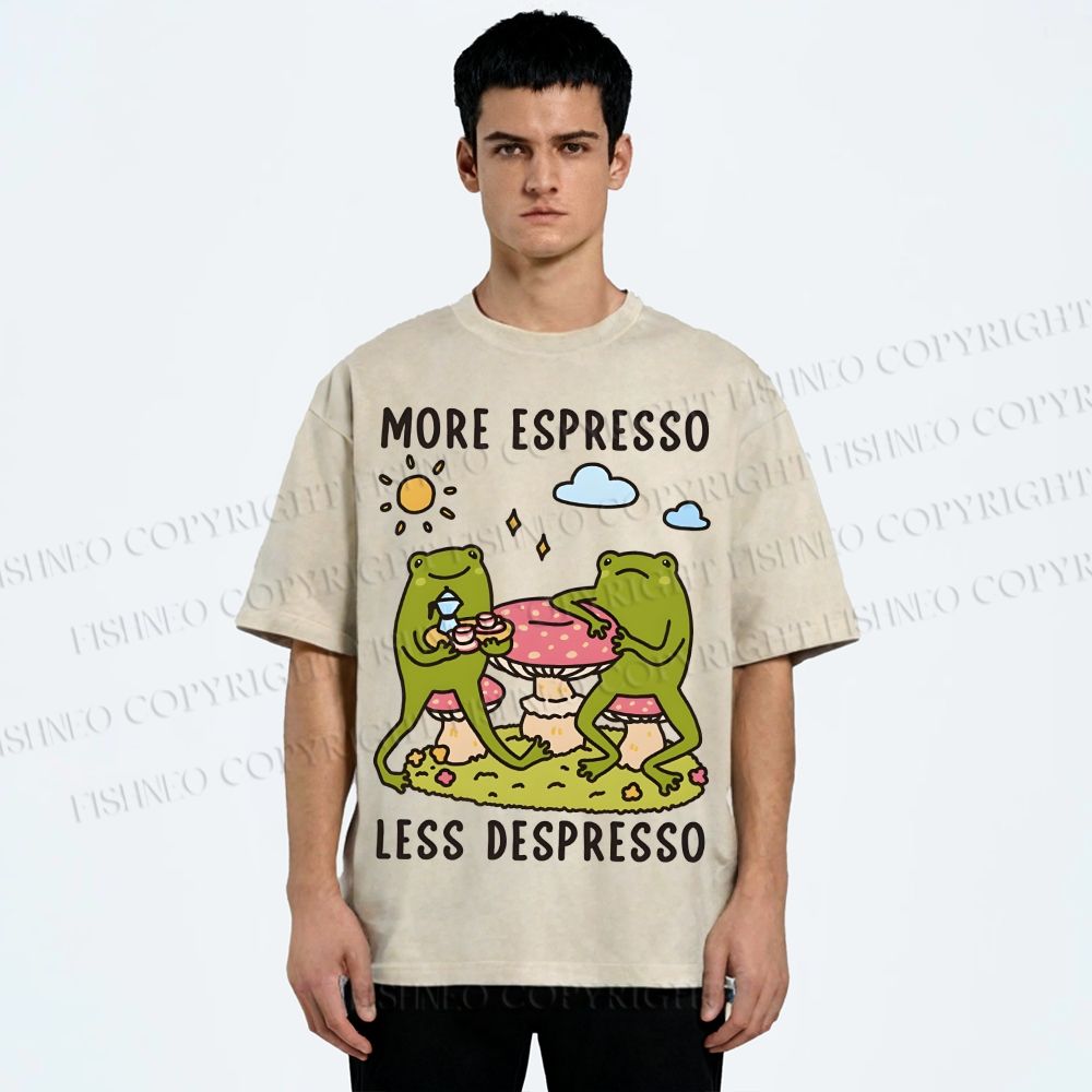 Unisex More Espresso Less Depresso Frog Printed Washed Tee