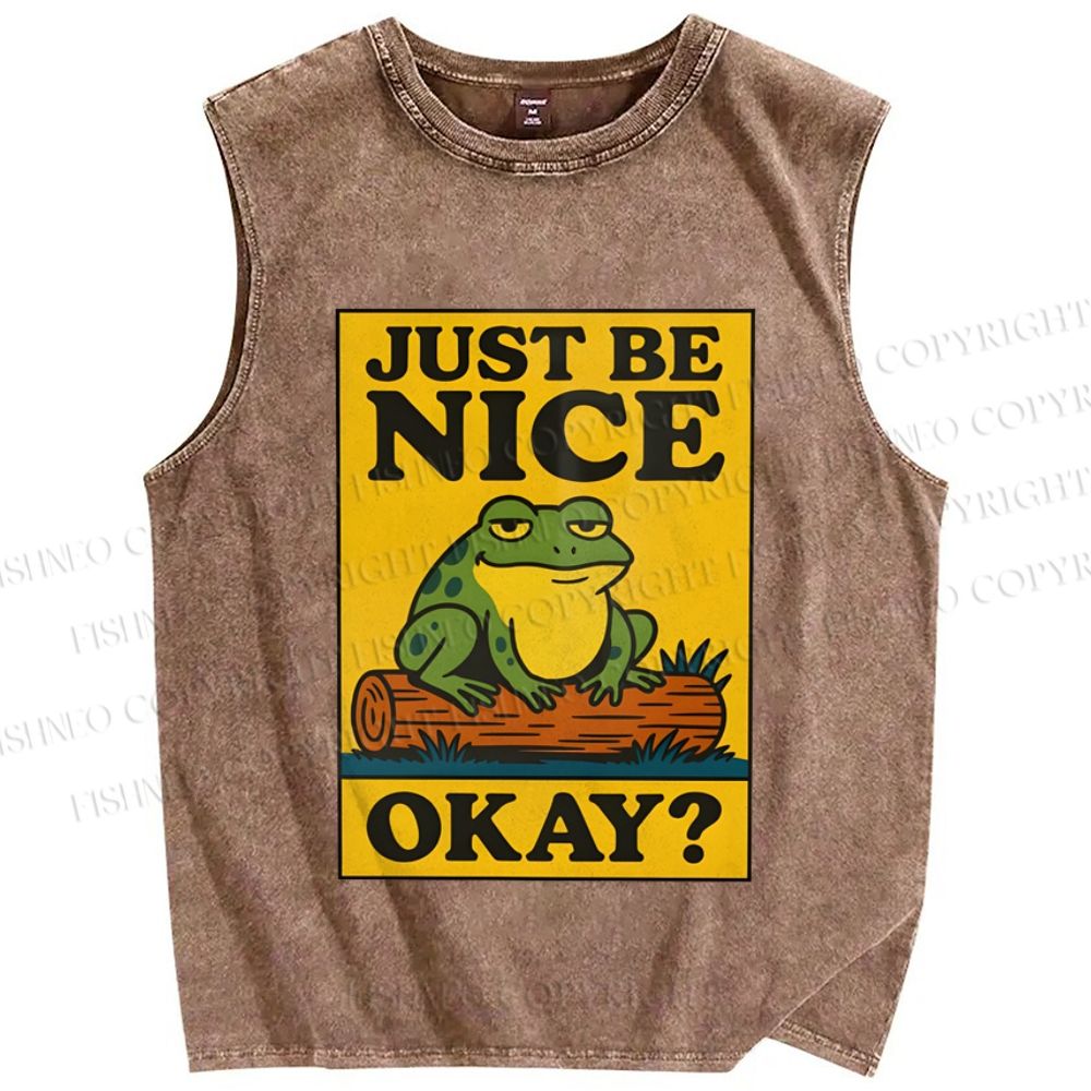 Unisex Just Be Nice Okay Frog Printed Washed Tank Top