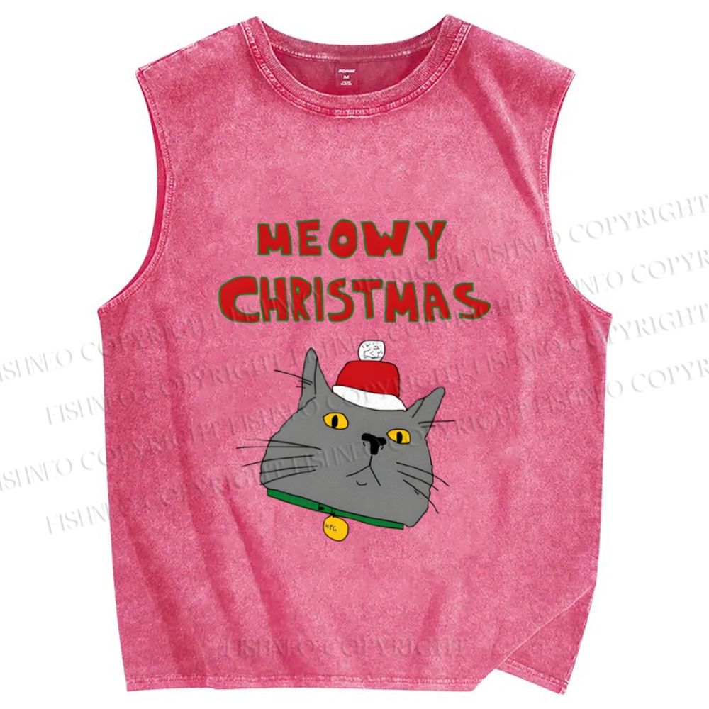 Unisex Funny Cat Meowy Christmas Printed Washed Tank Top
