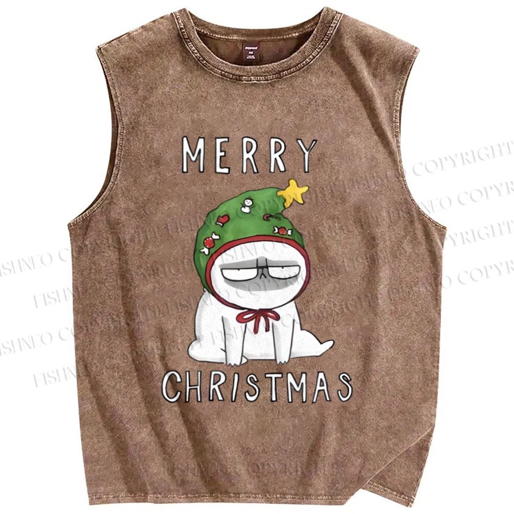 Unisex Upset Cat Merry Christmas Printed Washed Tank Top