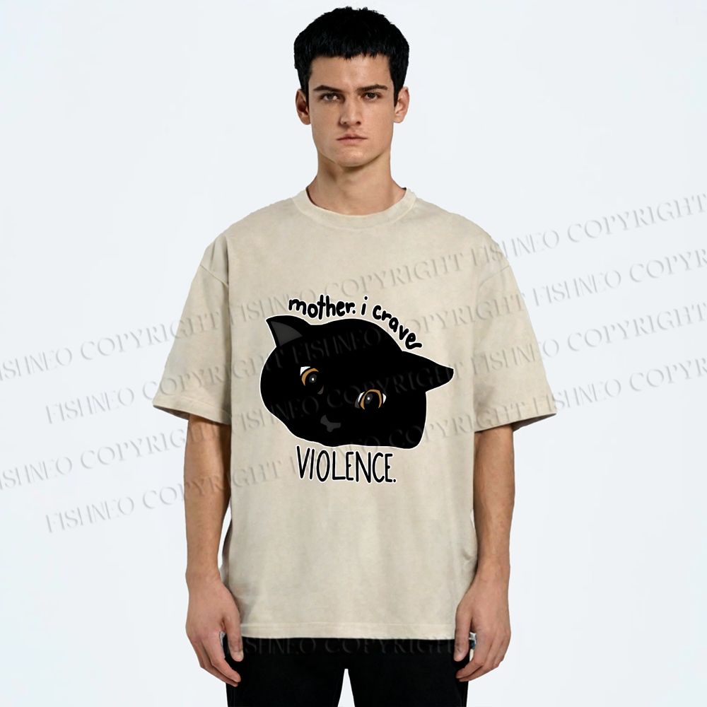 Unisex Black Cat Mother I Crave For Violence Printed Washed Tee
