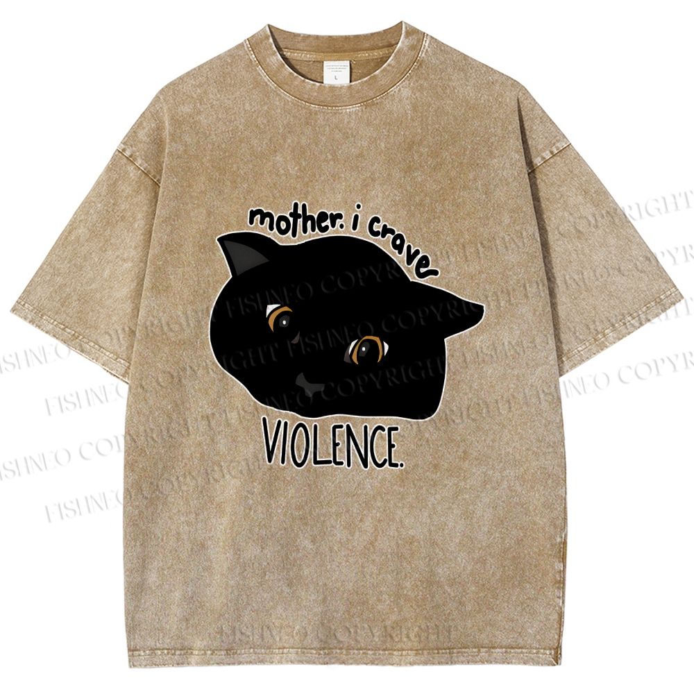 Unisex Black Cat Mother I Crave For Violence Printed Washed Tee