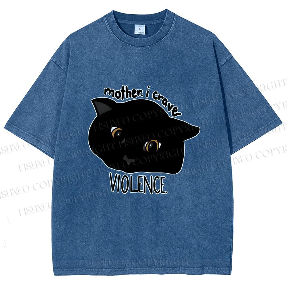 Unisex Black Cat Mother I Crave For Violence Printed Washed Tee