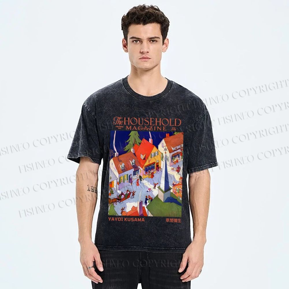 Unisex Japanese Yayoi Kusama Town Printed Washed Tee