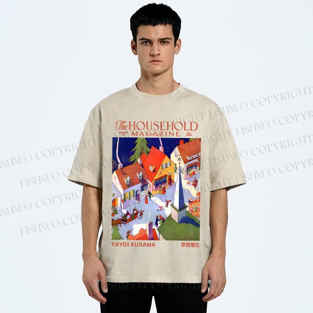 Unisex Japanese Yayoi Kusama Town Printed Washed Tee