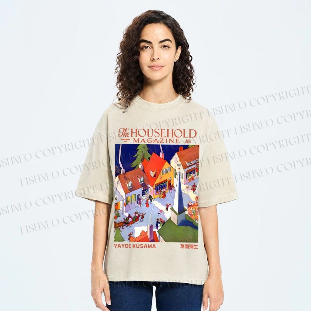 Unisex Japanese Yayoi Kusama Town Printed Washed Tee