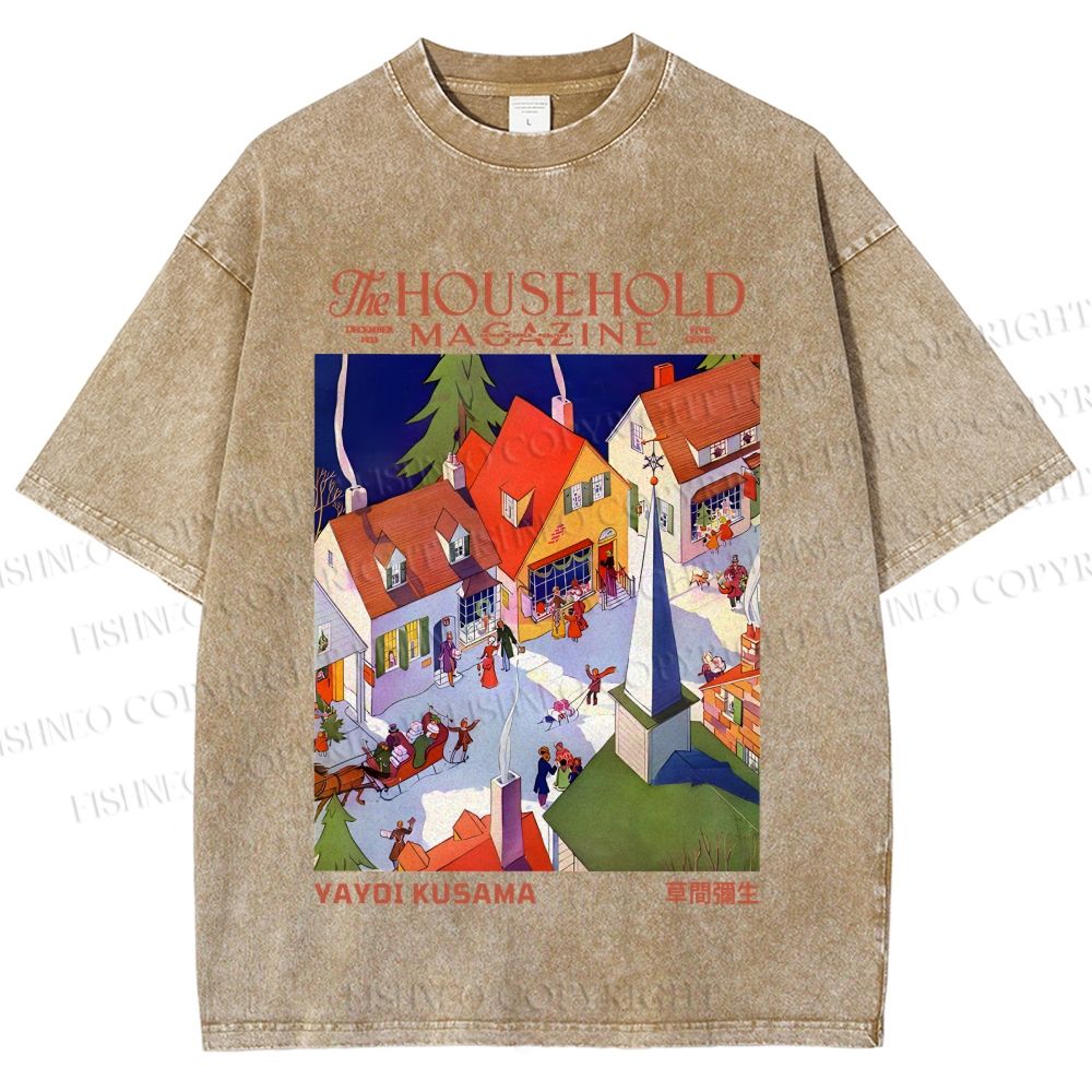 Unisex Japanese Yayoi Kusama Town Printed Washed Tee