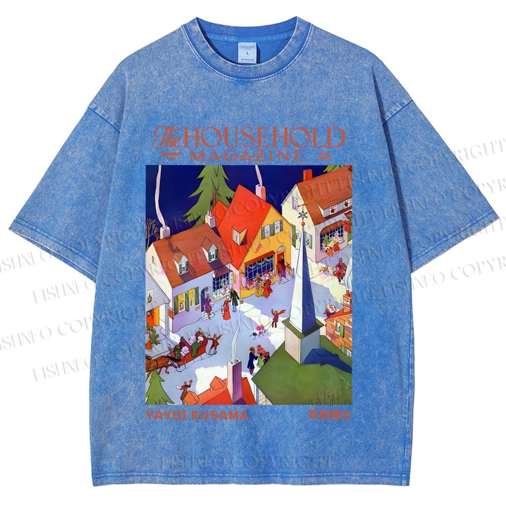 Unisex Japanese Yayoi Kusama Town Printed Washed Tee