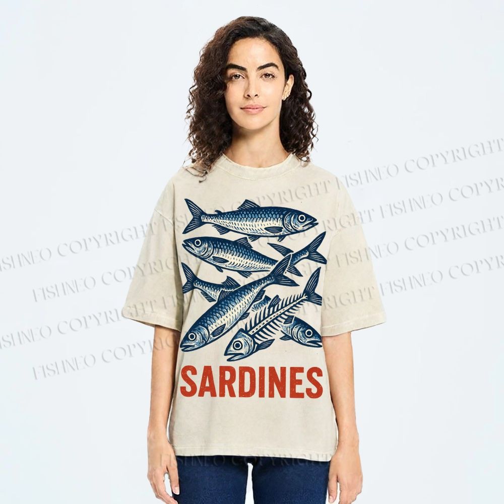 Unisex Vintage Sardines Printed Washed Tee